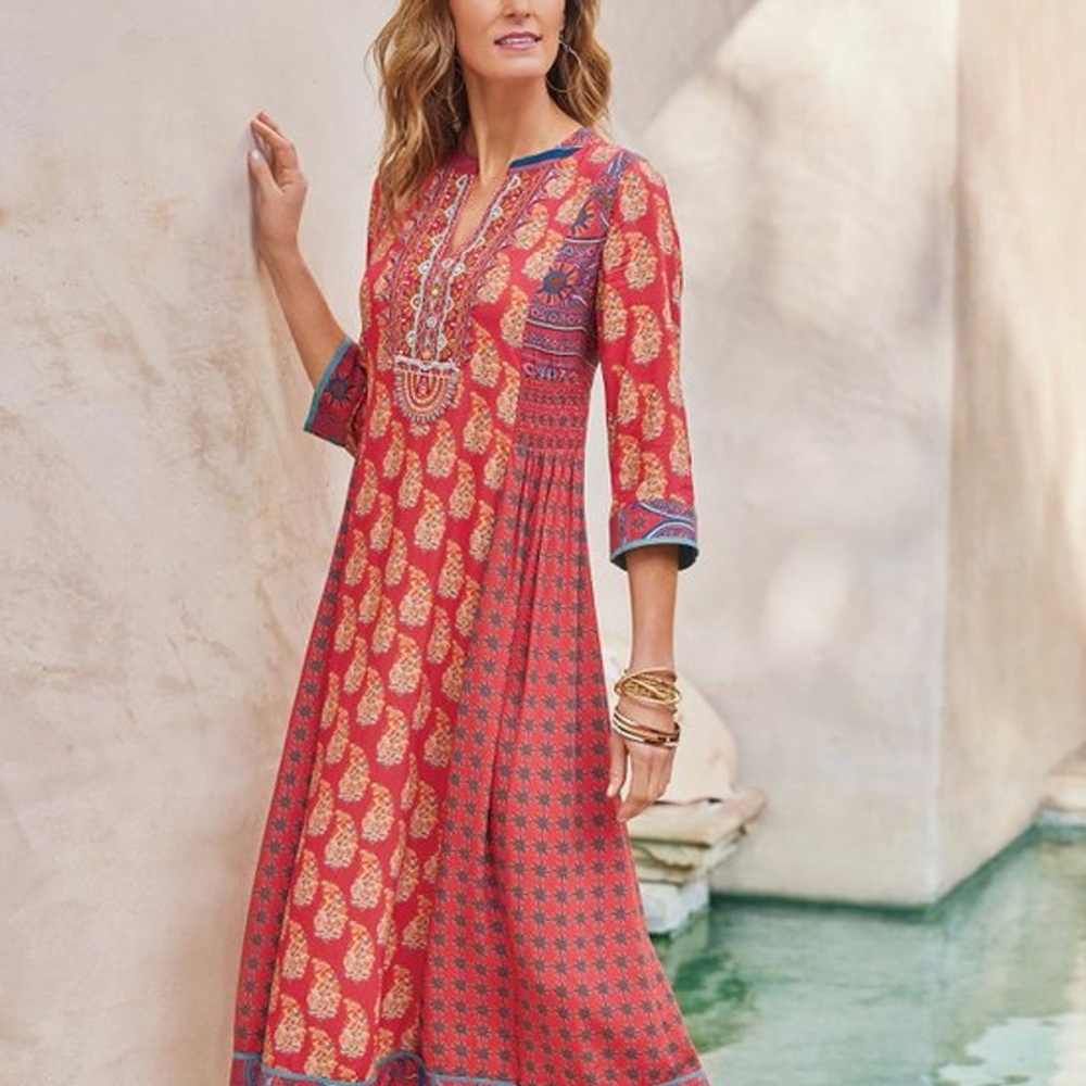Soft Surroundings embroidered block print look Dress